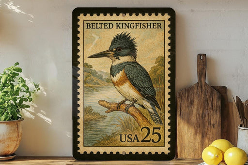 A framed postage stamp depicting a belted kingfisher, with the text "BELTED KINGFISHER" and "USA 25" printed on it. The stamp is placed on a shelf next to a potted plant, a wooden cutting board, and some lemons.