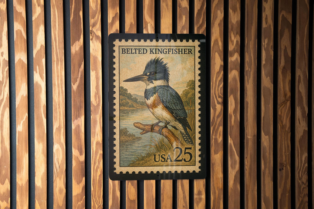 A postage stamp featuring a belted kingfisher, with the text "BELTED KINGFISHER" and "USA 25" printed on it.