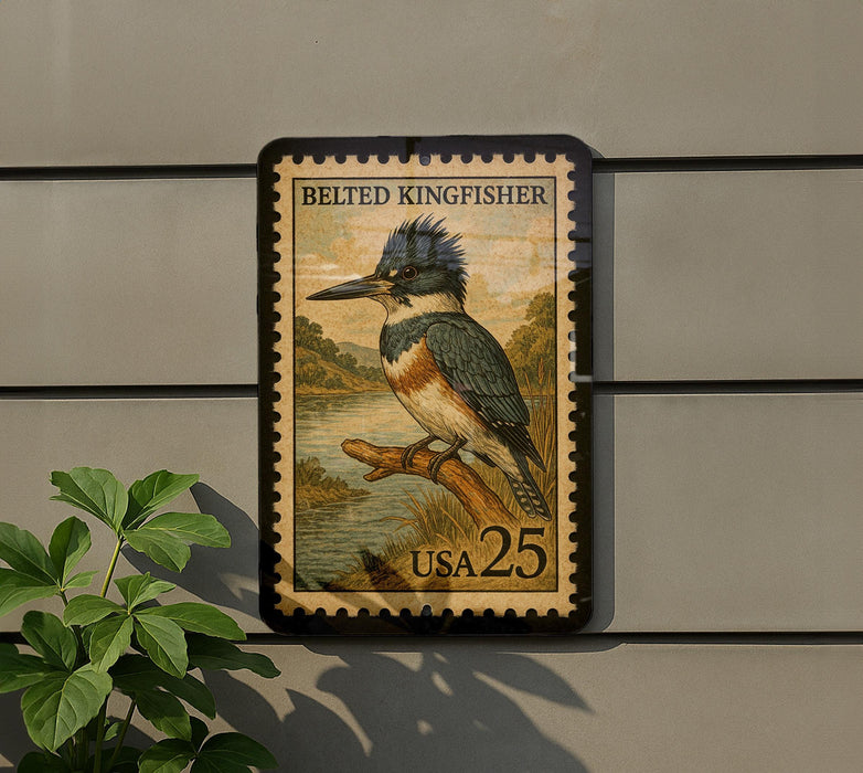 A postage stamp featuring a colorful bird, likely a kingfisher, perched on a branch. The stamp is mounted on a wall, and there is a plant visible to the left of the stamp.