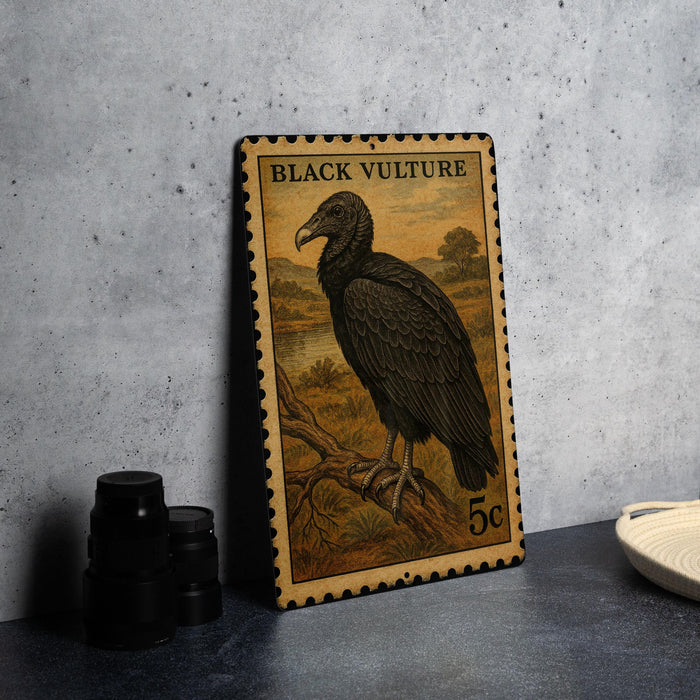 A vintage postage stamp featuring a black vulture, with the text "BLACK VULTURE" and the denomination "5c" printed on it.