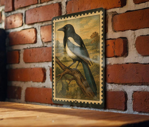 A framed illustration of a black and white bird perched on a branch is displayed on a brick wall.