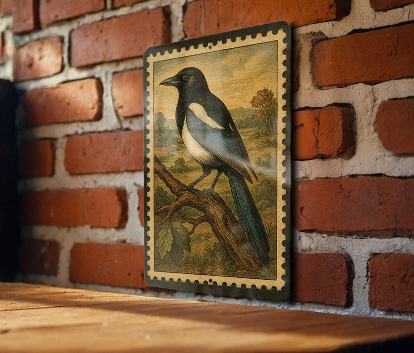 A framed illustration of a black and white bird perched on a branch is displayed on a brick wall.