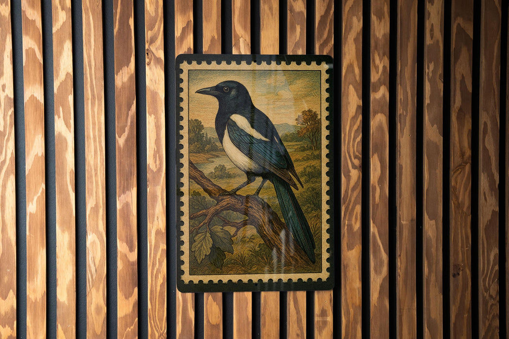 a framed painting of a black and white bird perched on a branch, set against a wooden background with vertical slats.