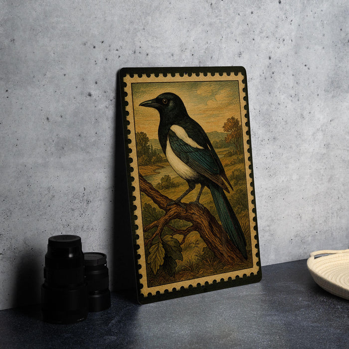 a framed painting of a black and white bird perched on a branch, set against a natural landscape.