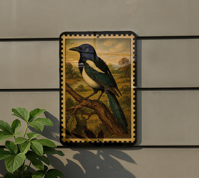 a framed painting of a blue and green bird perched on a branch, set against a backdrop of a natural landscape.