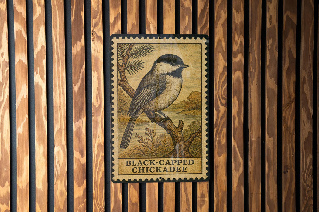 A metal sign featuring a black-capped chickadee perched on a branch, with the text "BLACK-CAPPED CHICKADEE" below the illustration.