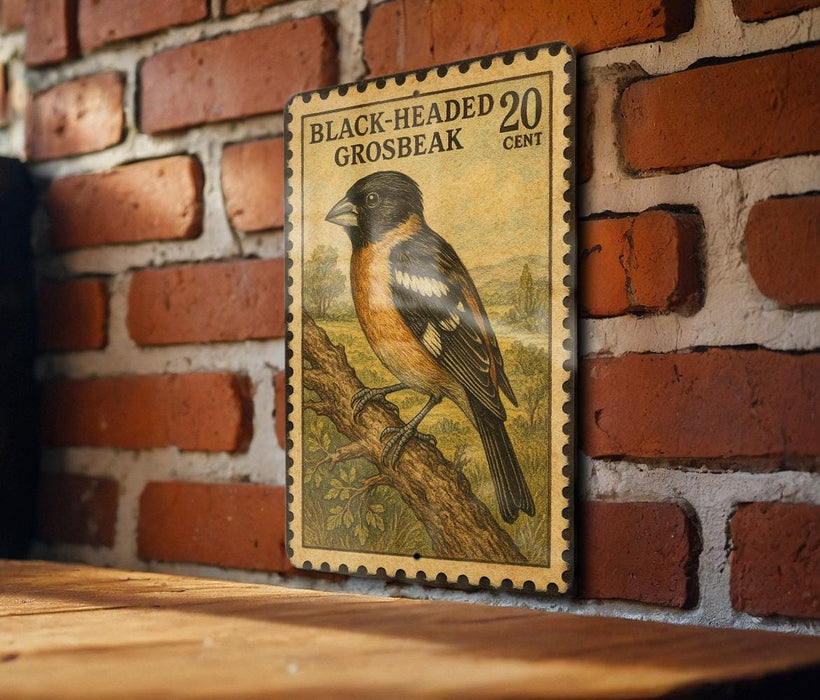 A vintage-style postage stamp featuring a colorful illustration of a bird perched on a branch, mounted on a brick wall.