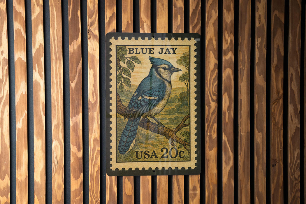 A postage stamp featuring a blue jay perched on a branch, with the text "BLUE JAY" and "USA 20¢" printed on it.