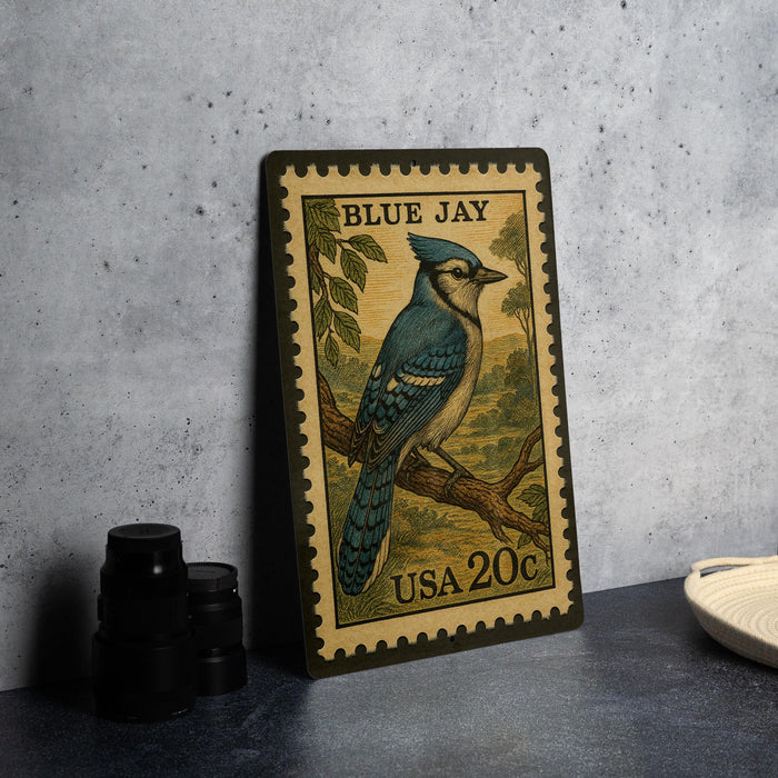 A postage stamp featuring a blue jay perched on a branch, with the text "BLUE JAY" and "USA 20c" printed on it.