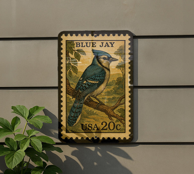 A postage stamp featuring a blue jay perched on a branch, with the text "BLUE JAY" and "USA 20¢" printed on it.
