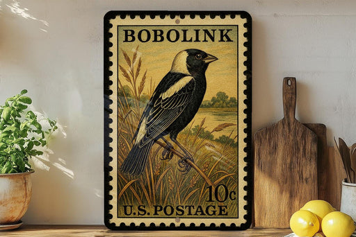 A vintage-style postage stamp featuring a black and white bird perched on a branch, with the text "BOBOLINK 10c U.S. POSTAGE" printed on it. The stamp is displayed on a shelf next to a wooden cutting board and a potted plant.