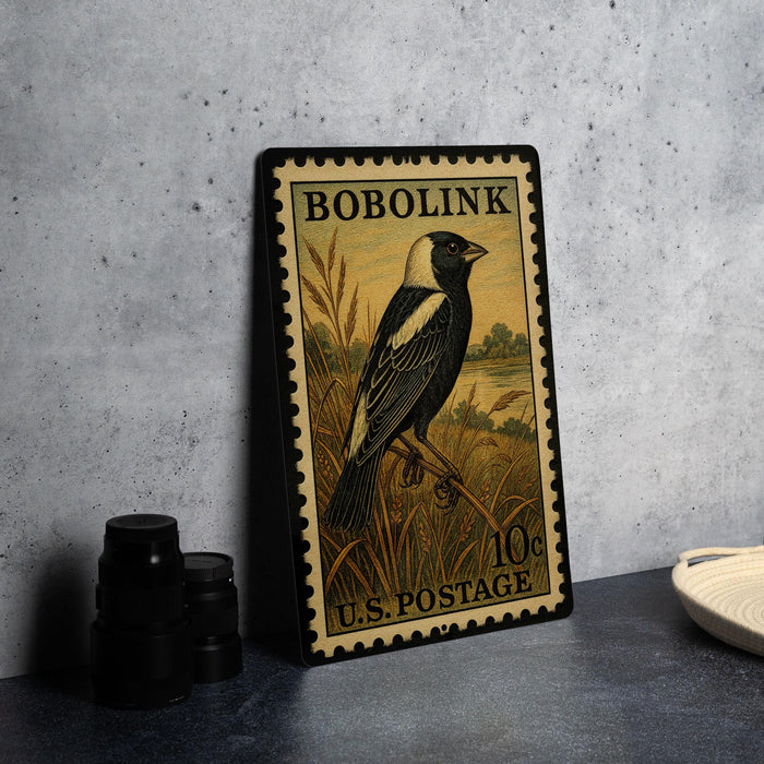 A vintage Bobolink postage stamp featuring a black and white bird perched on a branch, with the text "BOBOLINK 10 U.S. POSTAGE" printed on it.