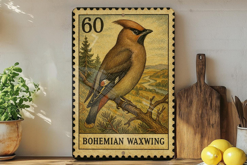 A vintage postage stamp featuring a bohemian waxwing bird, displayed on a wooden shelf next to a potted plant and a wooden cutting board.