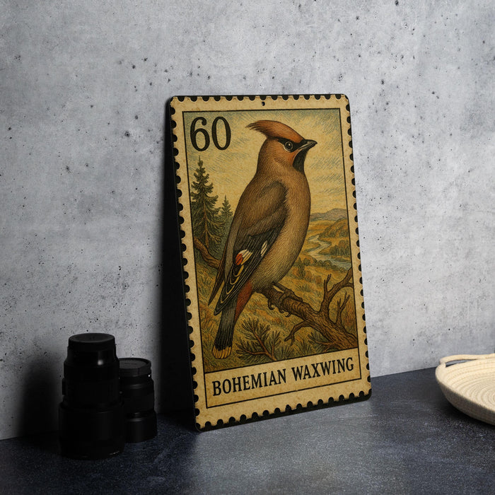 A metal stamp depicting a Bohemian Waxwing bird, with the stamp number 60, is displayed on a table next to some black camera lenses.