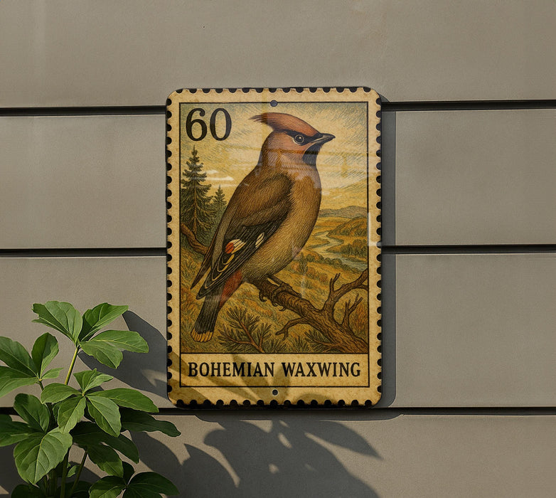 A postage stamp featuring a bohemian waxwing bird is displayed on a wall, with a plant visible to the left.