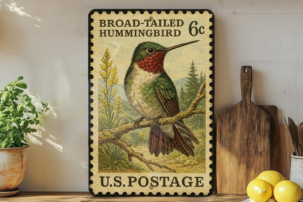 A framed vintage postage stamp depicting a broad-tailed hummingbird, with a wooden cutting board and lemons in the background.