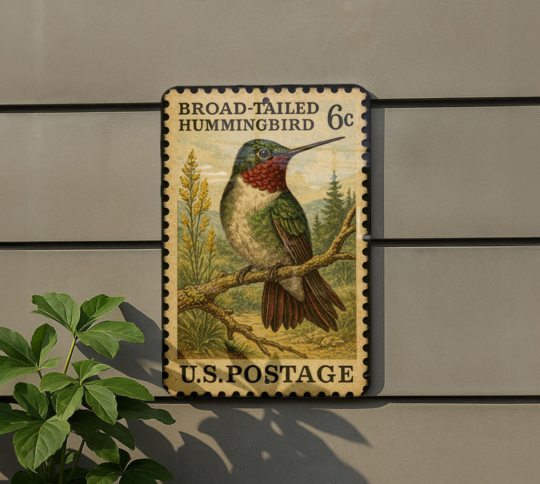 A postage stamp featuring a colorful hummingbird perched on a branch, with the text "Broad-tailed Hummingbird 6c" and "U.S. Postage" printed on it.