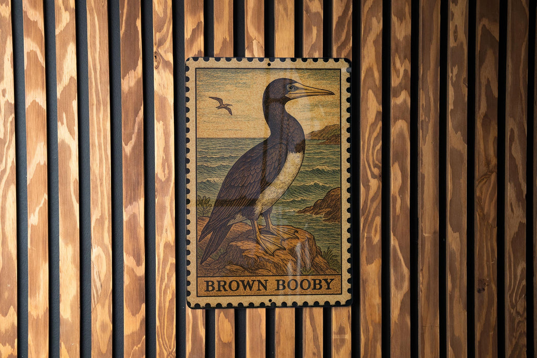 A framed image of a brown booby bird is displayed on a wooden wall.