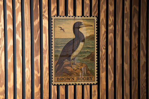 A framed image of a brown booby bird is displayed on a wooden wall.