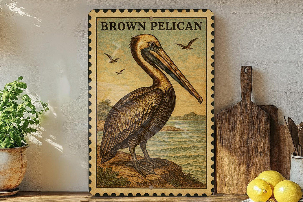 a framed illustration of a pelican, a large bird with a long beak, standing on a rock near the ocean. The pelican is depicted in a vintage style, with a brown and white color scheme. The framed image is placed on a shelf, surrounded by various kitchen utensils and items, such as a cutting board, a knife, and a bowl.