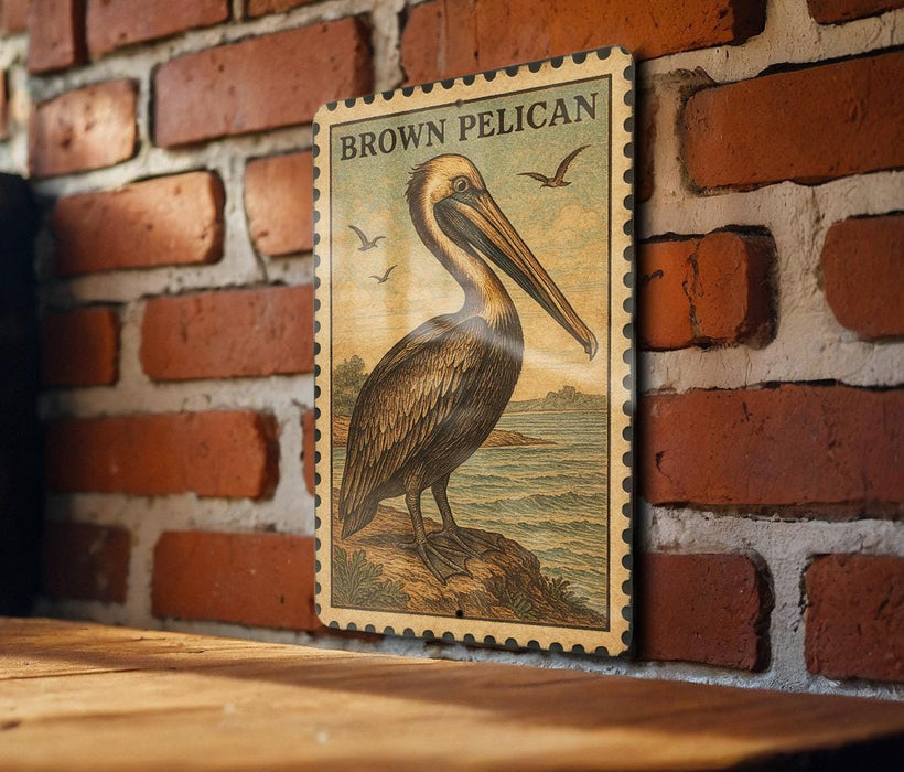 A framed image of a pelican is hanging on a brick wall, with a wooden table below it.