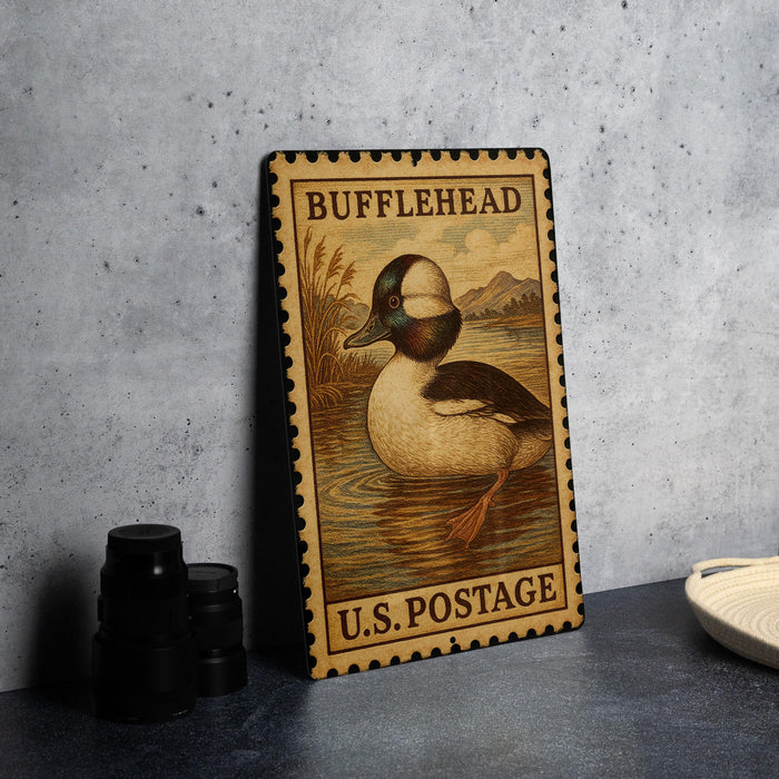A framed postage stamp featuring a duck on a postcard-style background, placed on a table next to some black camera lenses.
