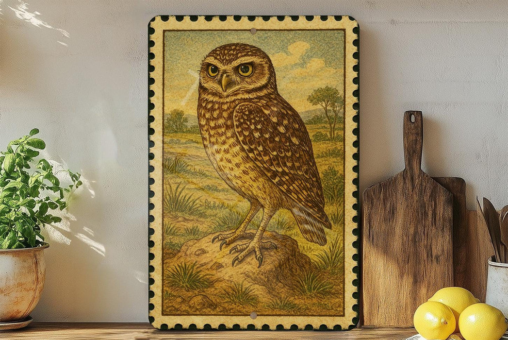 a framed illustration of an owl perched on a rock, surrounded by a potted plant, a wooden cutting board, and a bowl of lemons.
