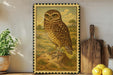 a framed illustration of an owl perched on a rock, surrounded by a potted plant, a wooden cutting board, and a bowl of lemons.