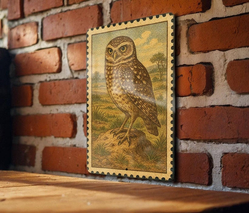 a framed illustration of an owl on a brick wall.