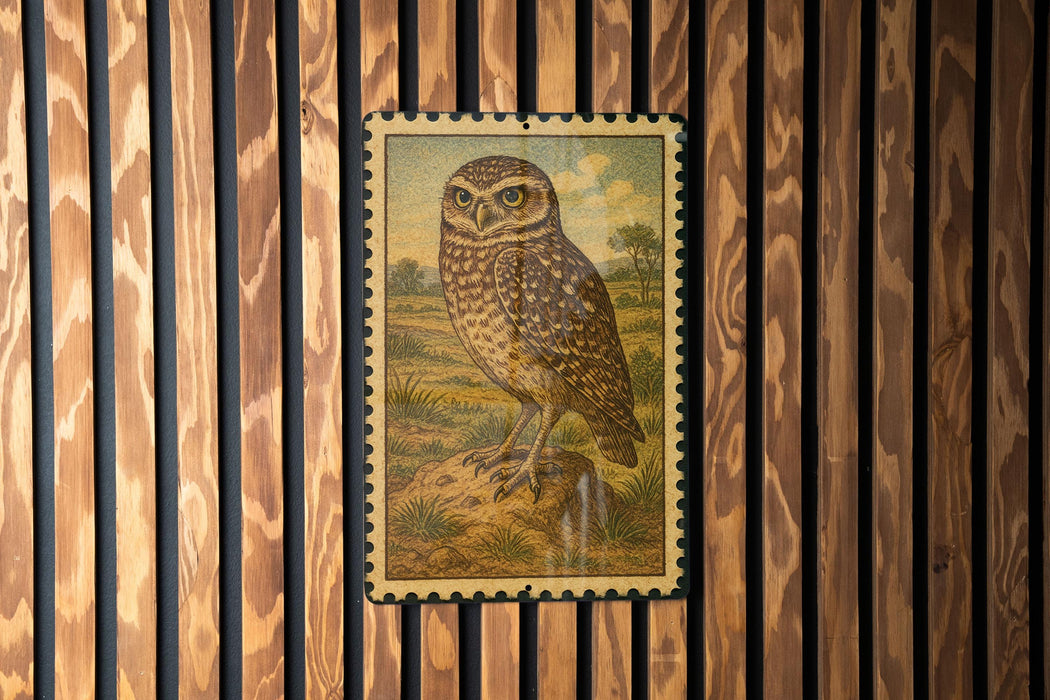 a framed illustration of an owl perched on a rock, set against a wooden background with vertical slats.
