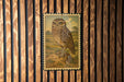 a framed illustration of an owl perched on a rock, set against a wooden background with vertical slats.