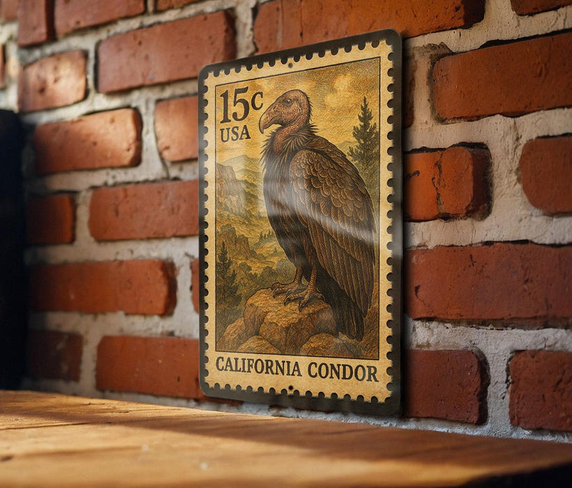 A 15 cent United States postage stamp featuring a California condor, a large bird of prey, is displayed on a brick wall.