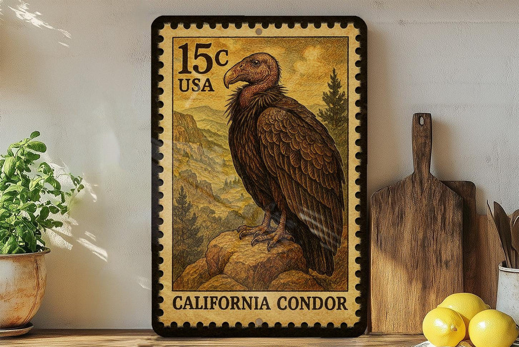 A framed stamp depicting a vulture, with the text "15c USA" and "California Condor" printed on it, is displayed on a shelf next to a wooden cutting board and a potted plant.