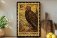 A framed stamp depicting a vulture, with the text "15c USA" and "California Condor" printed on it, is displayed on a shelf next to a wooden cutting board and a potted plant.