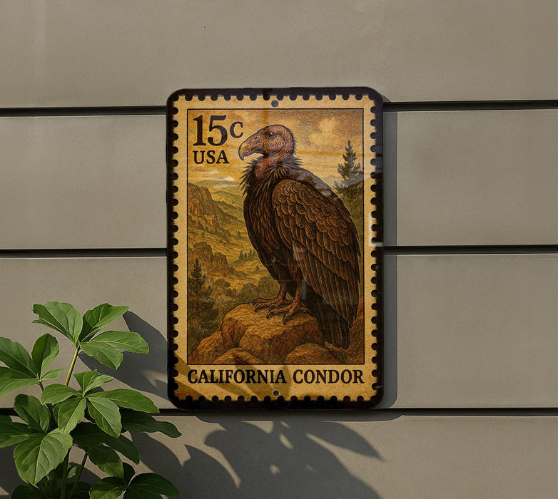 A postage stamp from the United States, featuring a large brown bird, likely a vulture, perched on a rock. The stamp is mounted on a wall, and there is a plant visible to the left of the stamp.