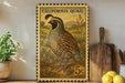 A framed California Quail postage stamp is displayed on a shelf, surrounded by kitchen utensils and a potted plant.