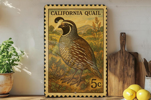 A framed California Quail postage stamp is displayed on a shelf, surrounded by kitchen utensils and a potted plant.