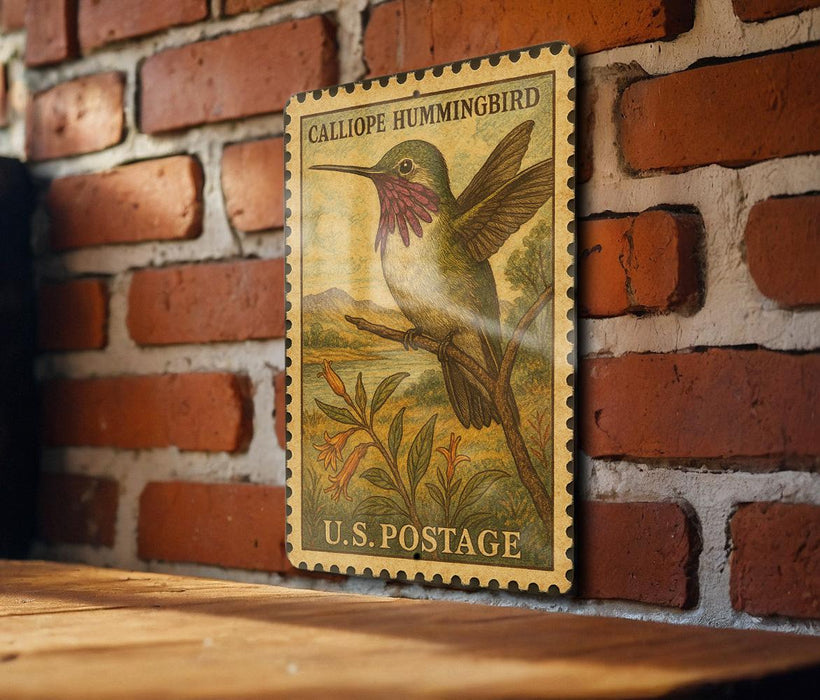 A vintage postage stamp featuring a colorful illustration of a hummingbird is displayed on a brick wall.
