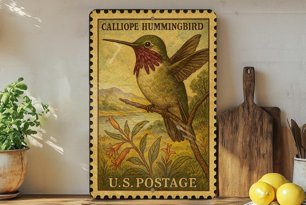 A vintage postage stamp featuring a colorful illustration of a Calliope hummingbird, with the text "Calliope Hummingbird" and "U.S. Postage" printed on it. The stamp is displayed on a shelf next to a wooden cutting board and a potted plant.