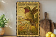 A vintage postage stamp featuring a colorful illustration of a Calliope hummingbird, with the text "Calliope Hummingbird" and "U.S. Postage" printed on it. The stamp is displayed on a shelf next to a wooden cutting board and a potted plant.