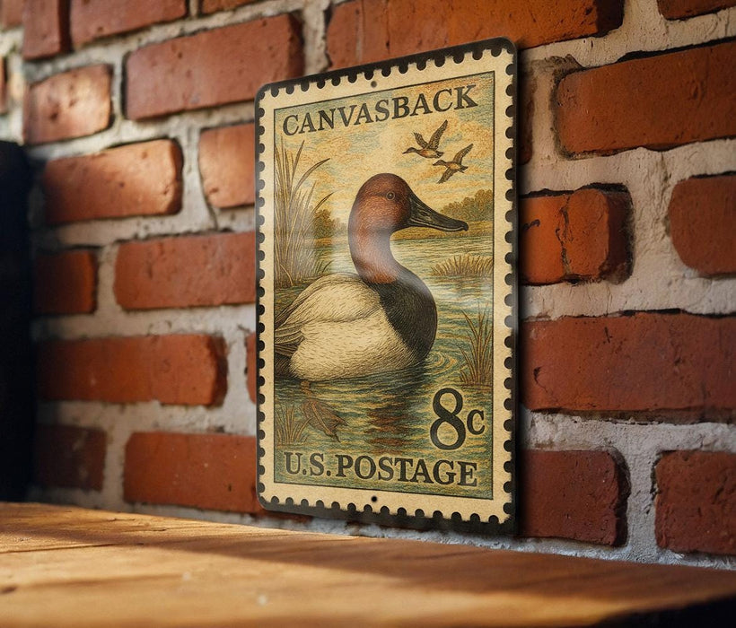 A vintage-style postage stamp featuring a duck on a brick wall.