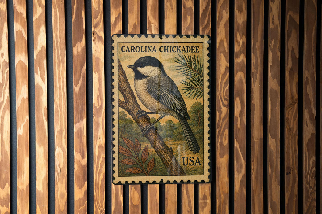 A Carolina Chickadee postage stamp from the United States, featuring a close-up of the bird perched on a branch.