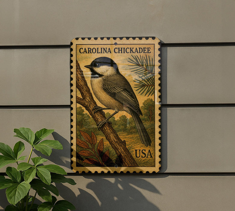 A postage stamp featuring a Carolina Chickadee perched on a branch, with the text "CAROLINA CHICKADEE USA" printed on it.