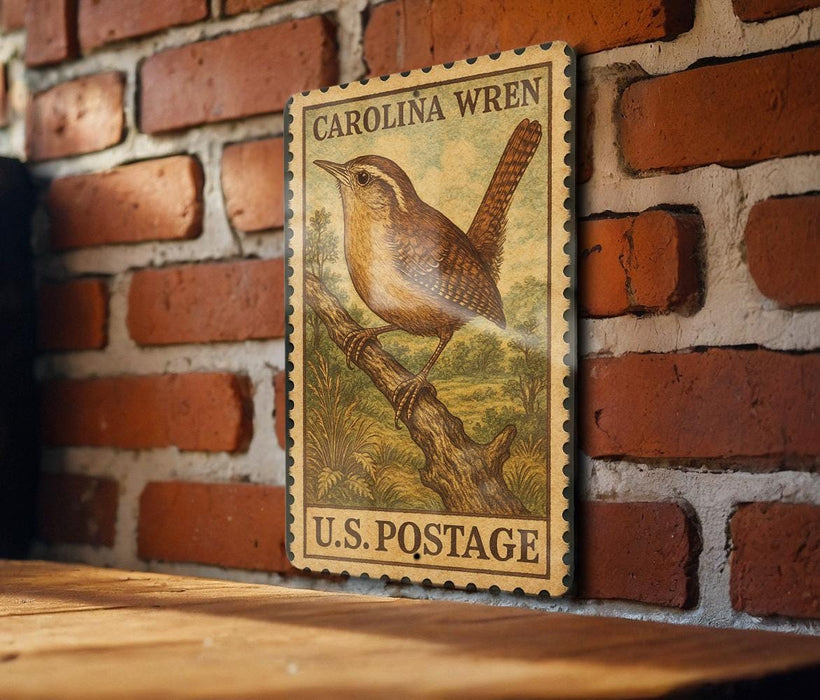 A vintage-style postage stamp featuring a bird perched on a branch, mounted on a brick wall.