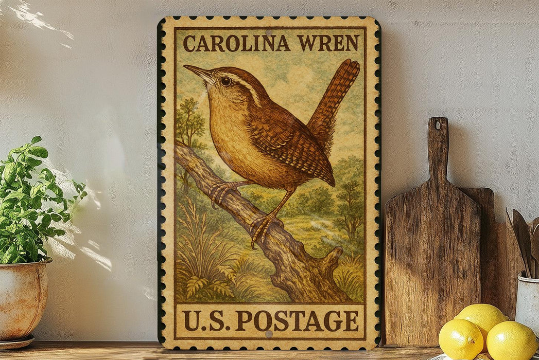 A vintage-style postage stamp featuring a brown bird perched on a branch, with the text "CAROLINA WREN" and "U.S. POSTAGE" printed on it. The stamp is displayed on a shelf next to a wooden cutting board and a potted plant.