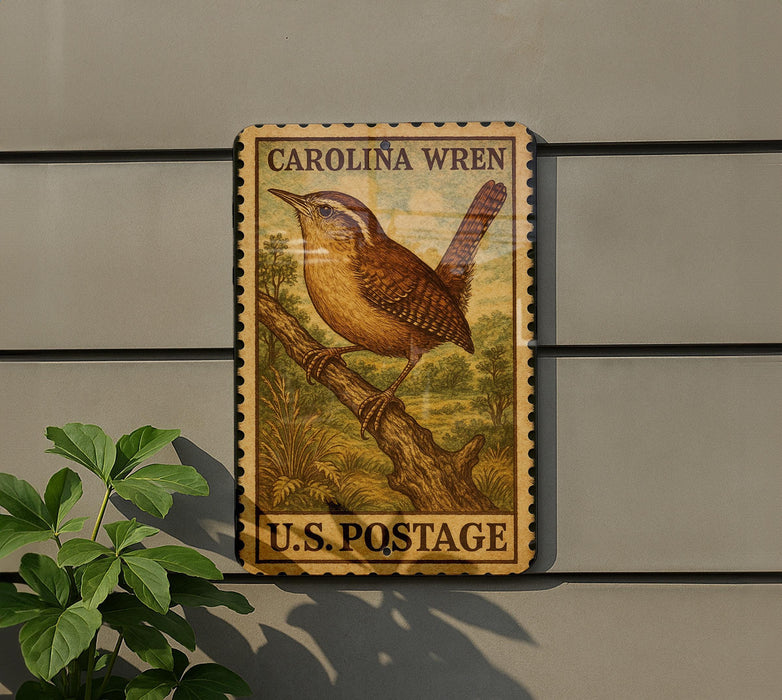 A postage stamp featuring a Carolina Wren bird perched on a branch, mounted on a wall.