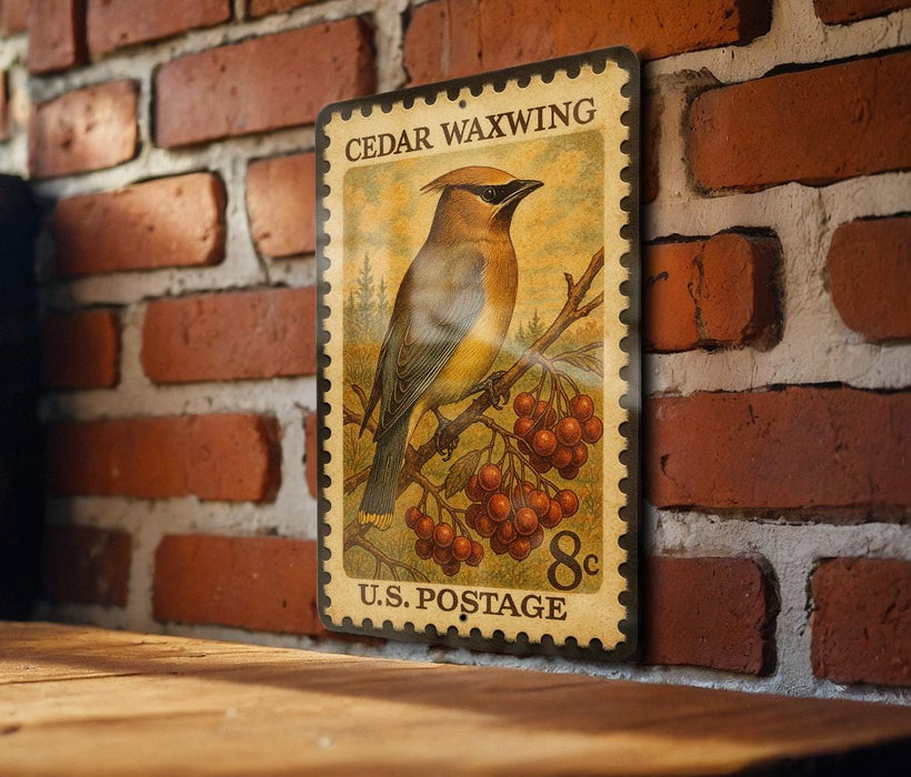 A vintage-style postage stamp featuring a bird perched on a branch with berries, mounted on a brick wall.
