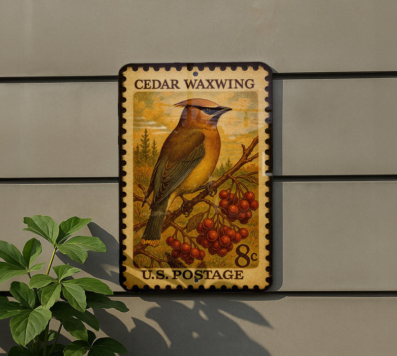 A vintage-style postage stamp featuring a bird perched on a branch with berries, mounted on a wall.
