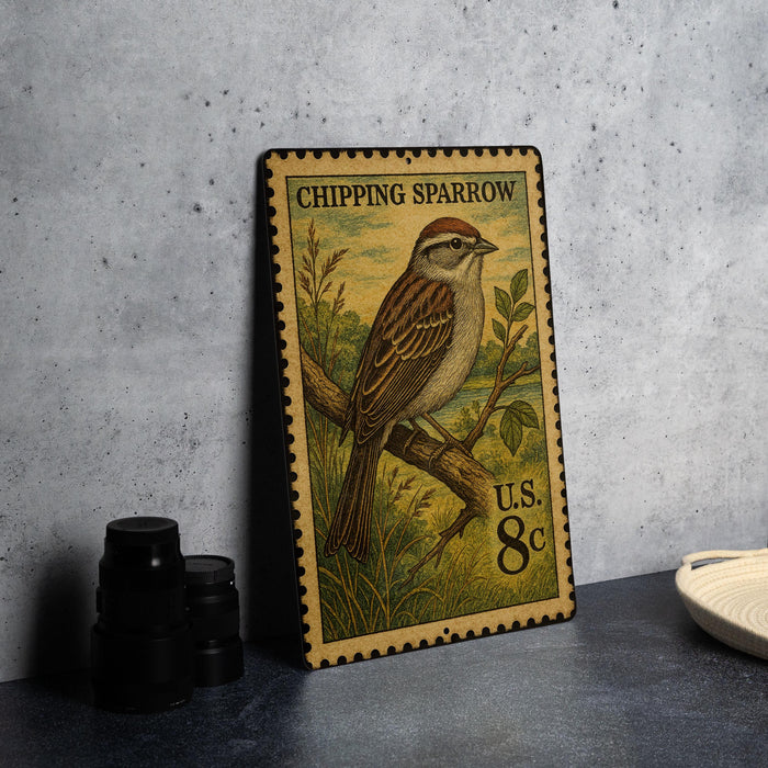 A postage stamp featuring a chipping sparrow, with the text "CHIPPING SPARROW" and "U.S. 8c" printed on it.