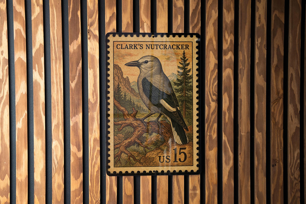 A postage stamp featuring a bird, likely Clark's Nutcracker, is displayed on a wooden wall.